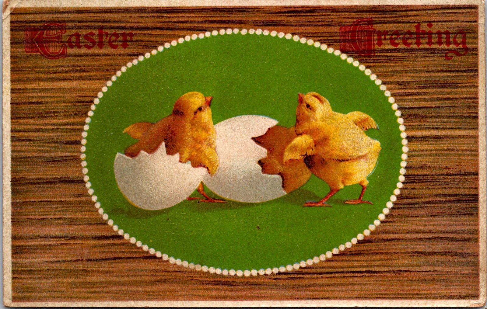 Easter Greetings Postcard Yellow Chicks Cracked Eggs Gel Postcard c1910s