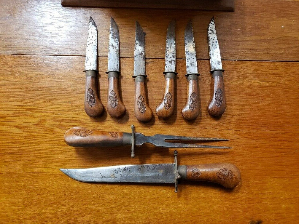 Vintage 8 Piece Intricate Hand Carved Wood & Stainless Carving Set Made In India