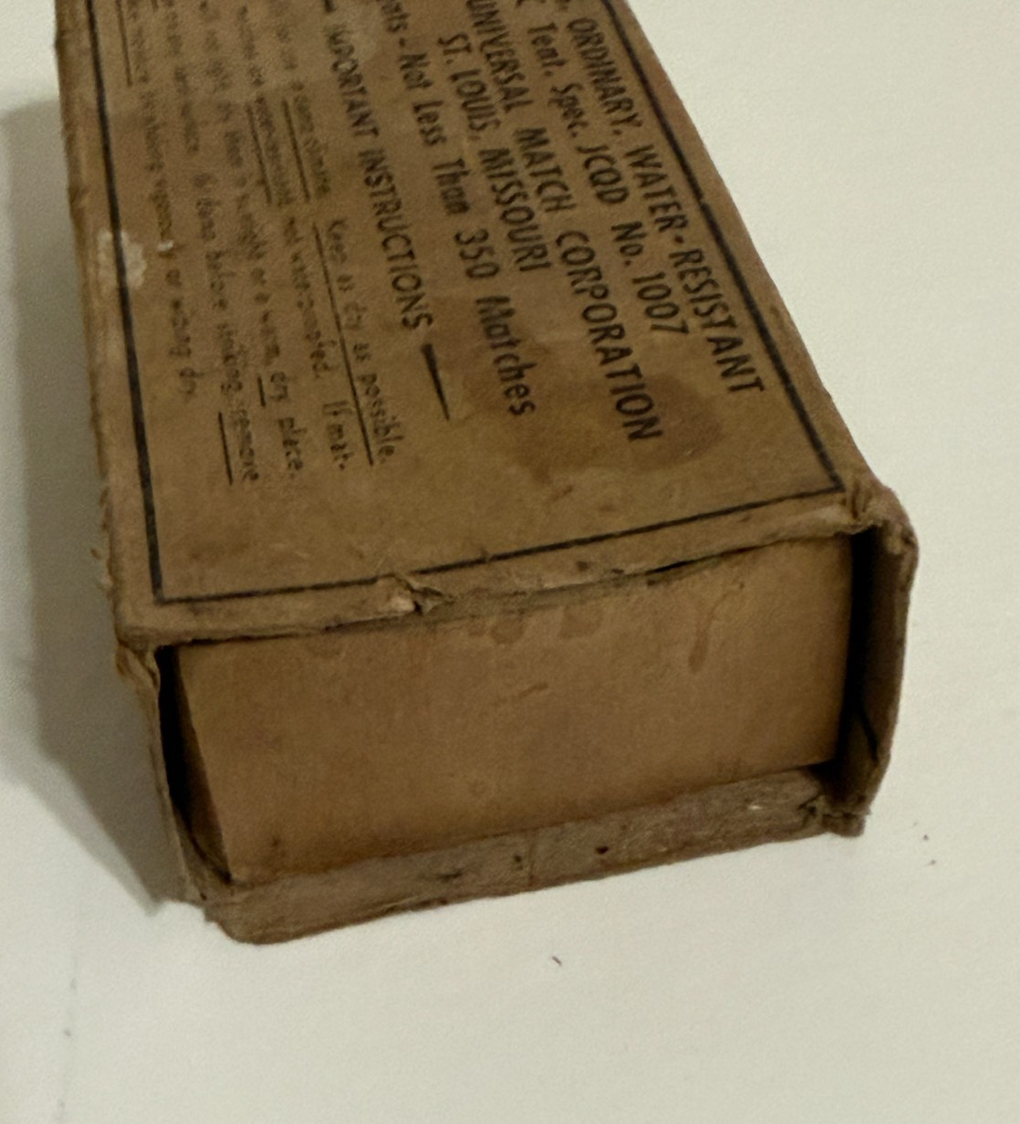 WWII Water-Resistant Universal Matches QMC Tent No. 1007, Box of