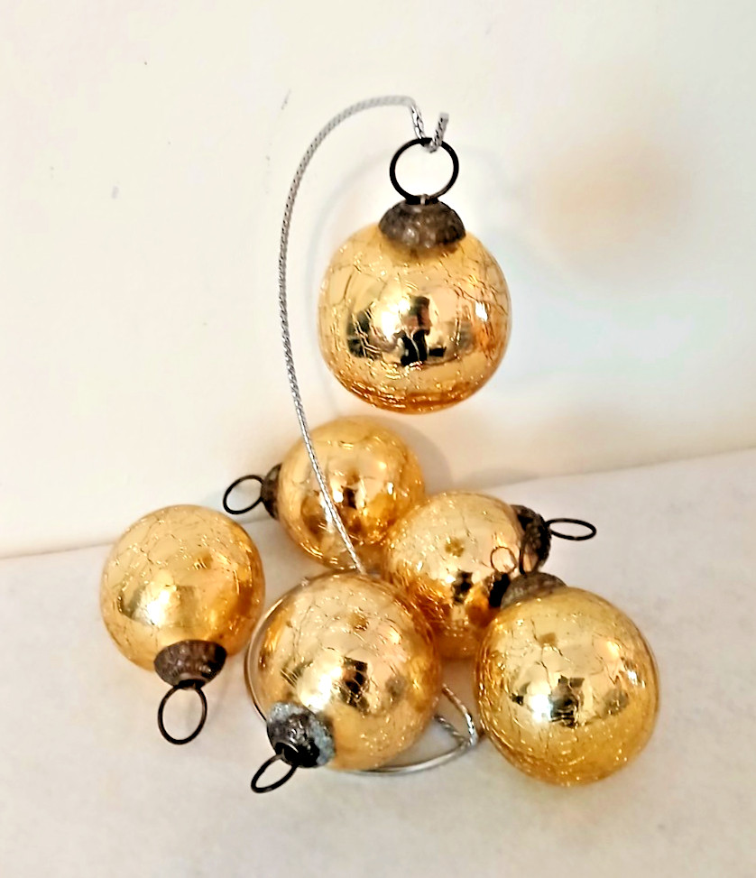 Kugel Style Gold Ornaments Crackle w/Brass Caps and Hooks – Set of (6)