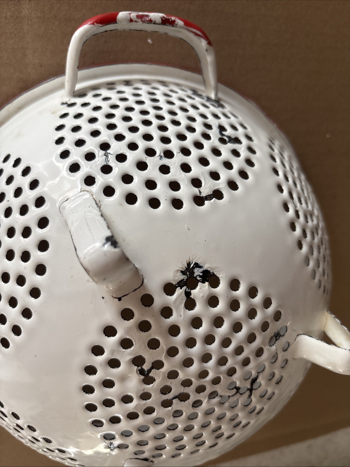 Vintage White Enamel Metal Colander Strainer Red Rim Handles Farmhouse Decor