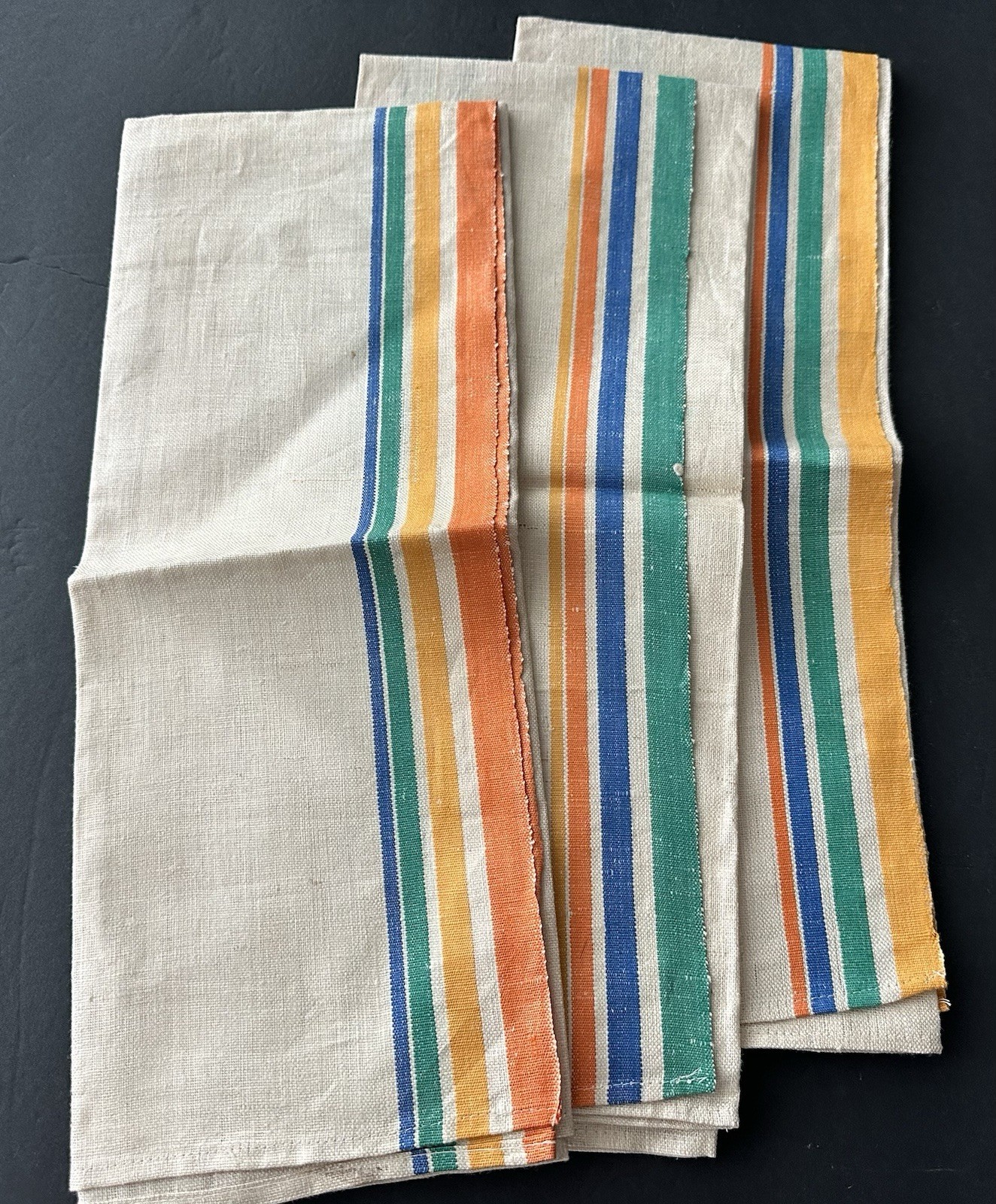 3 Vintage LINEN Dish Tea Towels Multi Color Stripes 17X31 Farmhouse Cottage NOS