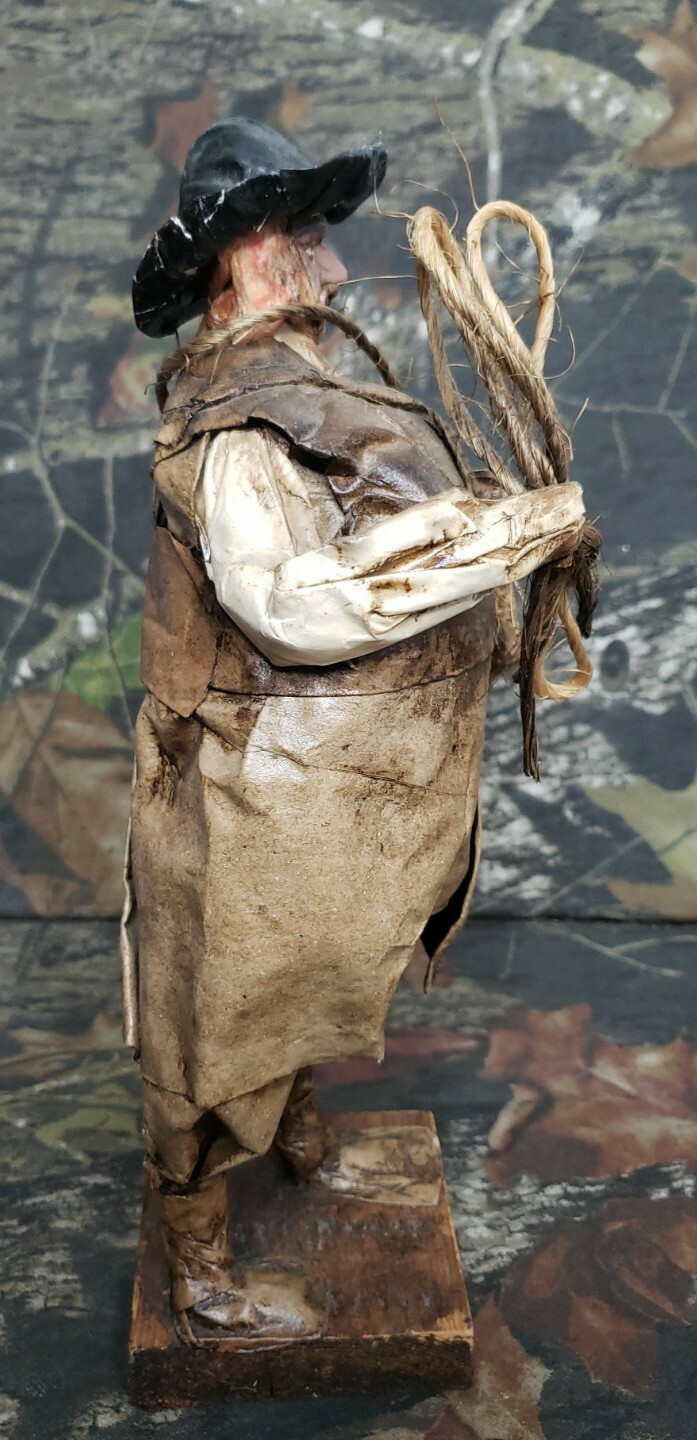 Vintage Paper Mache Doll From Mexico Man Carrying Rope W/ Burlap Sack