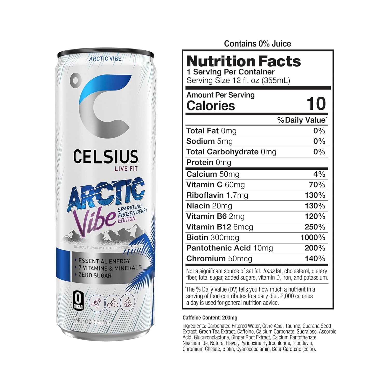 ARCTIC VIBE Sugar-Free Sparkling Energy Drink – Frozen Berry, 12oz, Pack of 12