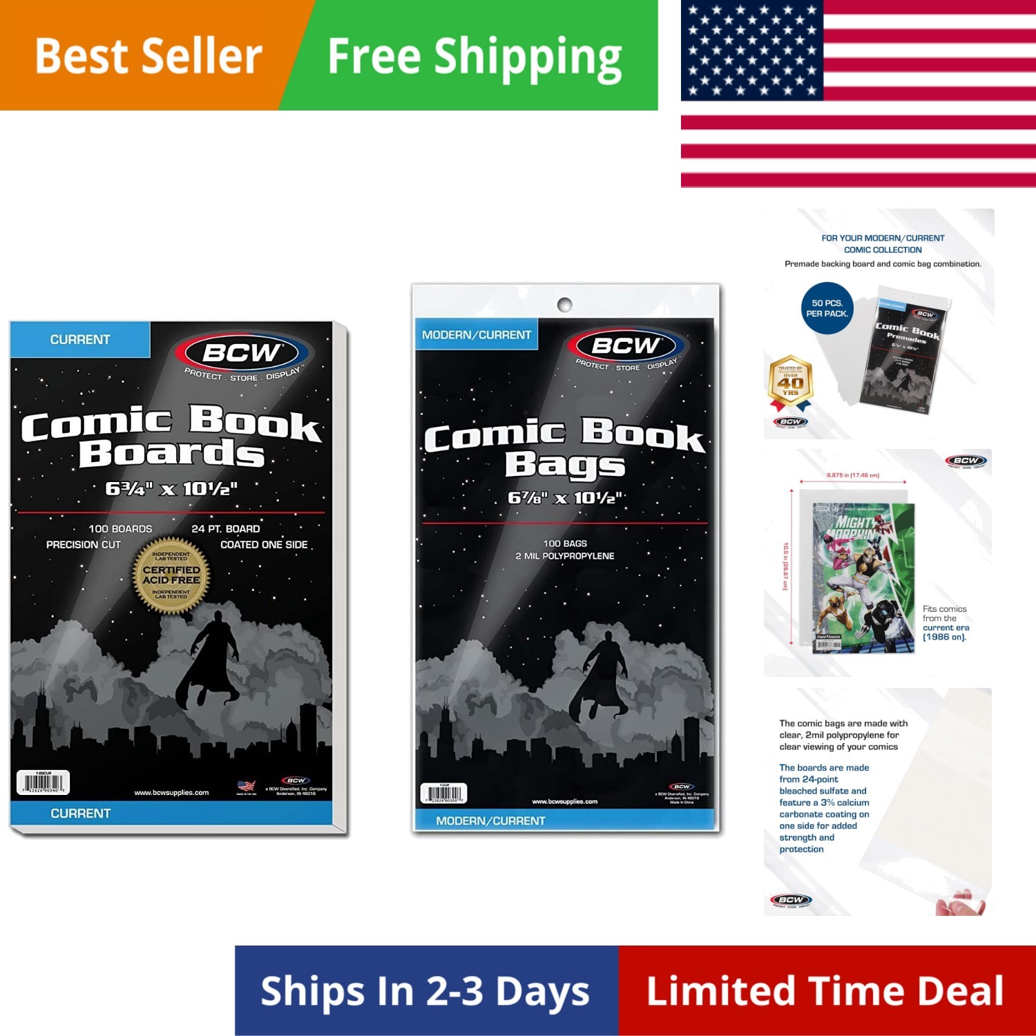 BCW Current Comic Boards and Bags Combo | 100 Polypropylene Comic Bags & Backer