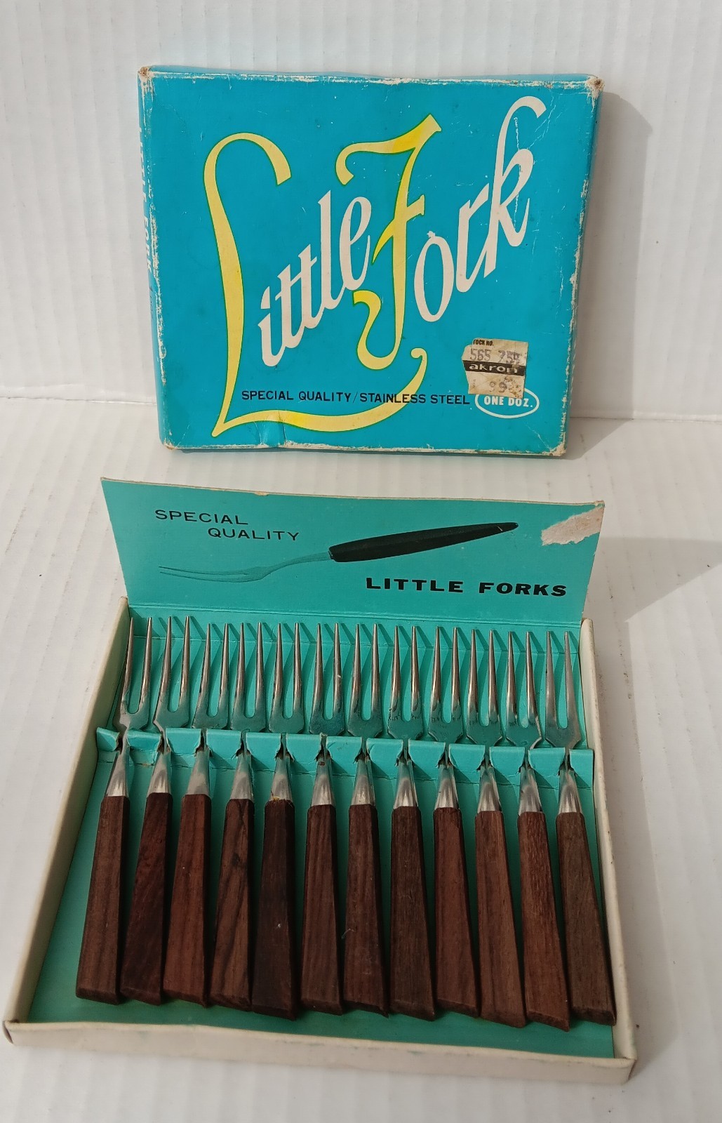 Vintage MCM Cocktail Appetizer Fork Set 12 Wood Handle Stainless Japan in Box