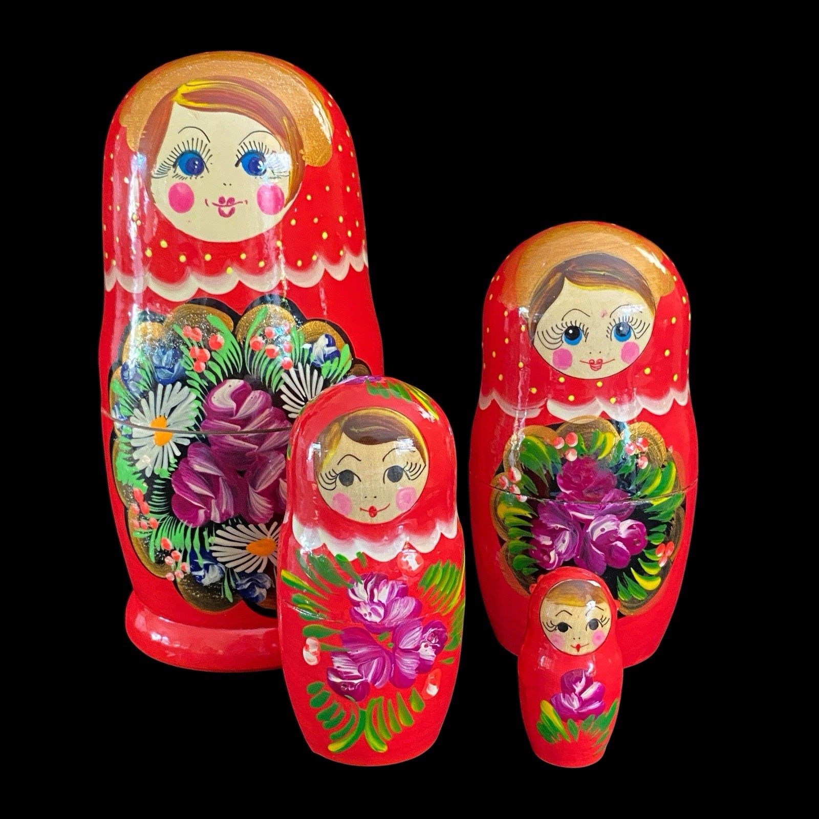 Matryoshka Russian Nesting Dolls Red Painted Floral Folk Art 5” Set Of 4