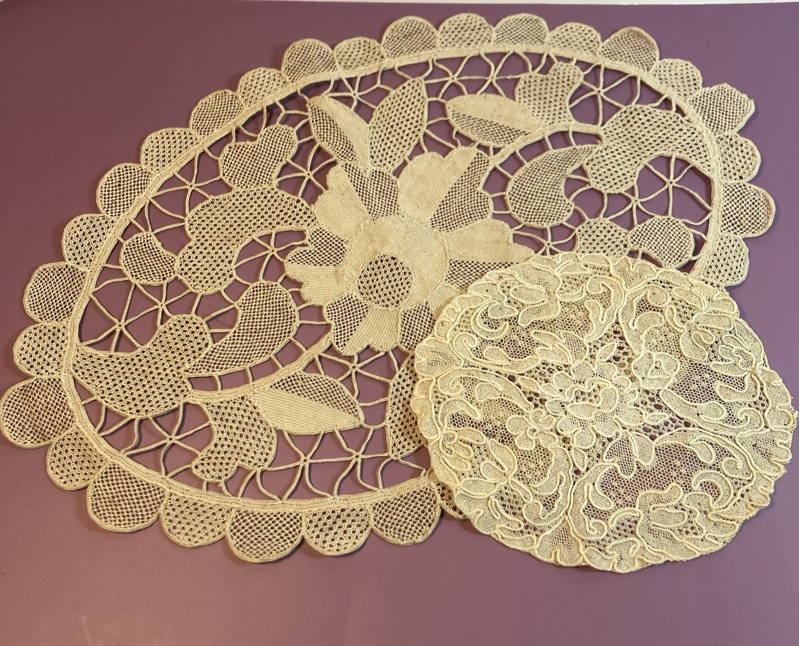 2 Vintage Needle Lace Doilies | Round and Oval | Off White Cream | Italian Style