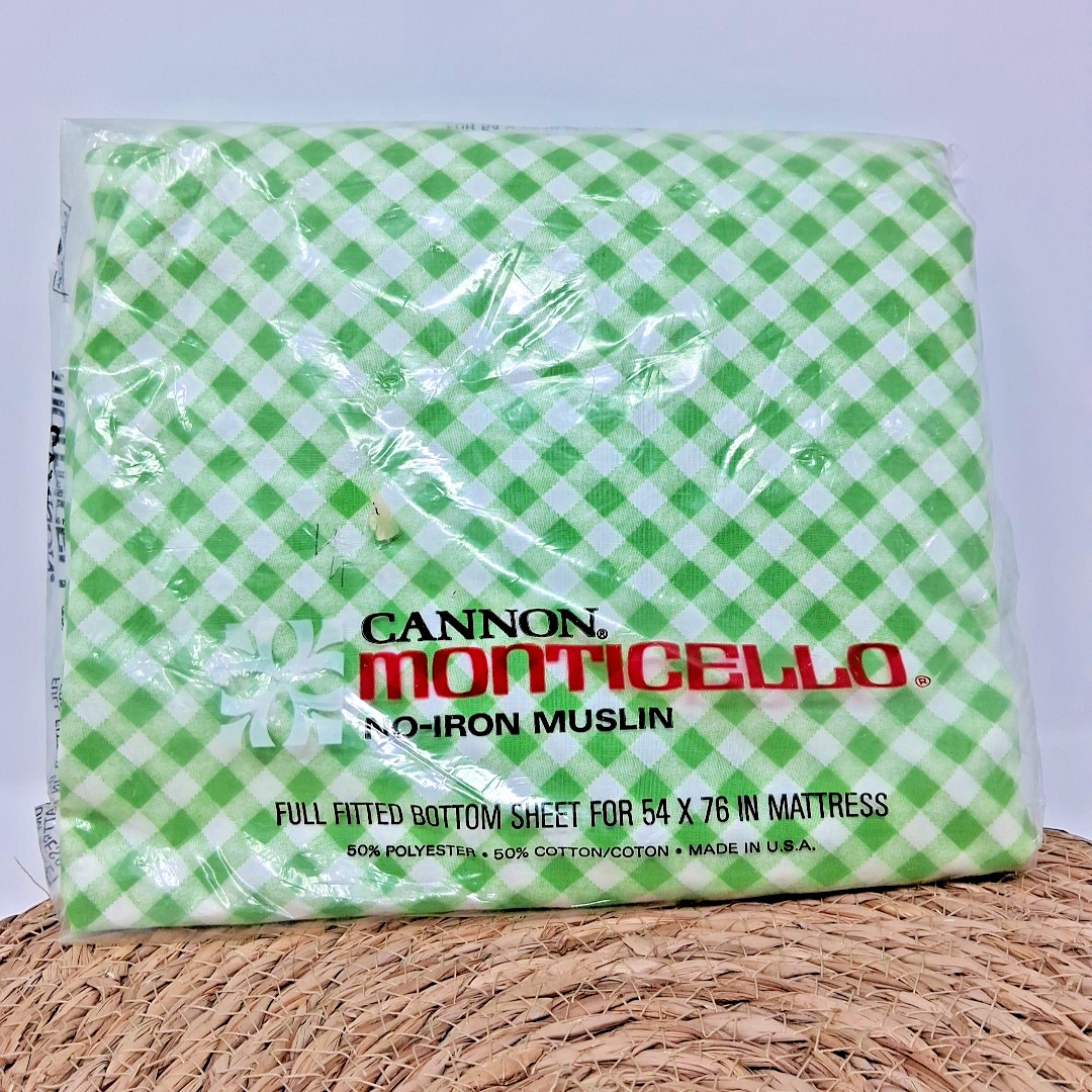 CANNON Monticello Muslin Lime Green 50/50 FULL FITTED Sheet Gingham VTG NOS