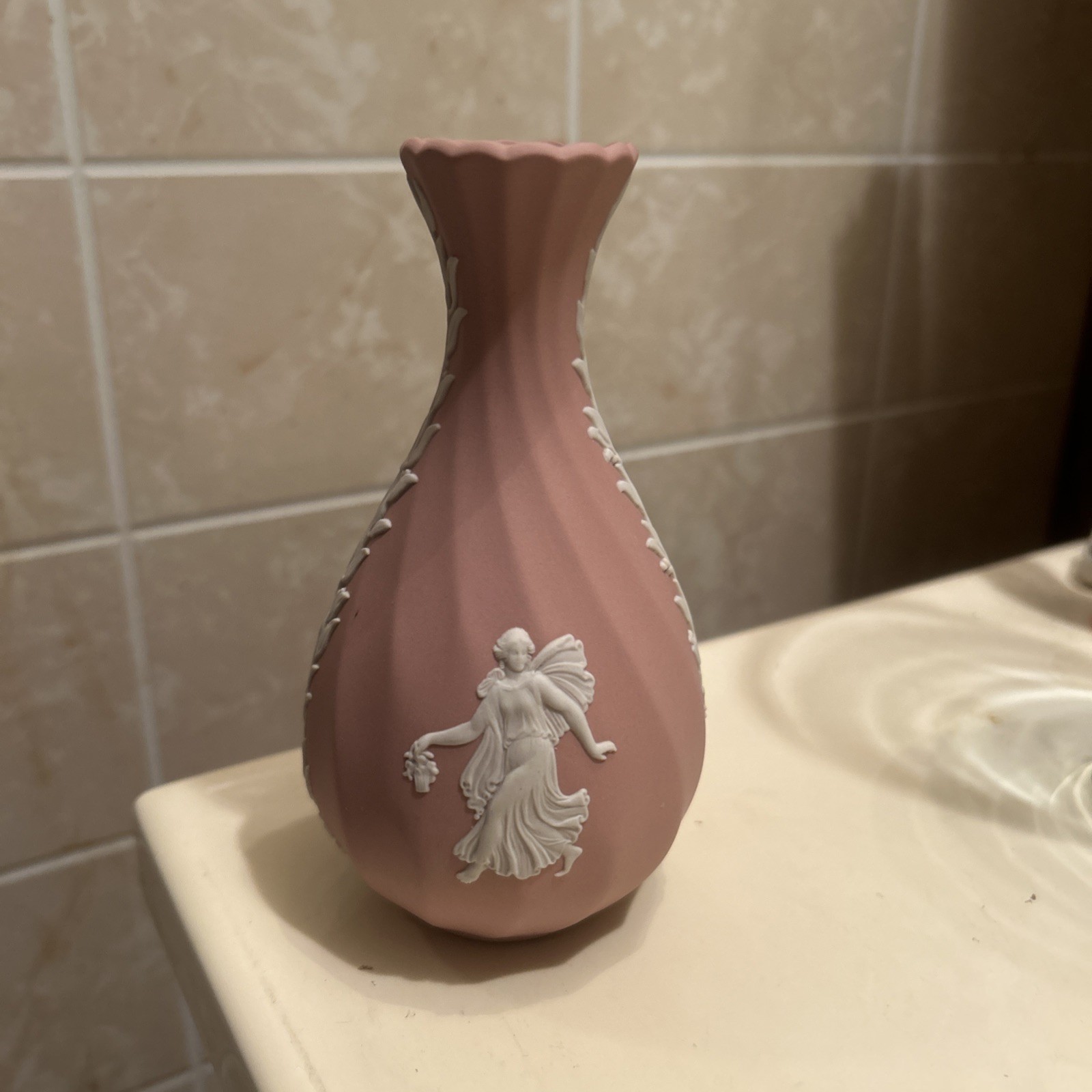 Vintage Wedgwood Pink Swirl Jasperware Dancing Hours Bud Vase 5.5” England