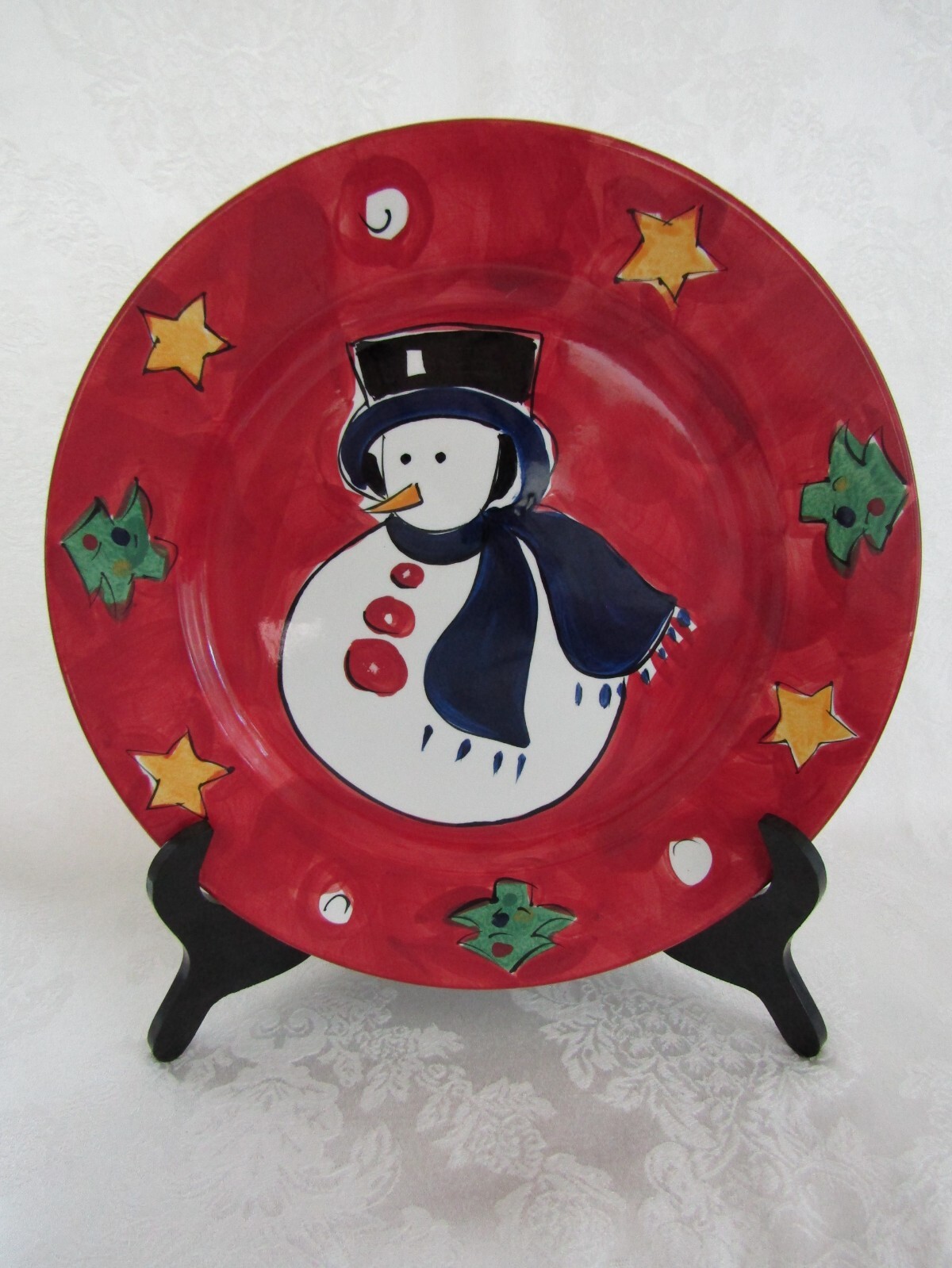 Rose Company Snowman, Christmas Trees & Stars Border Ceramic 13” Platter Plate