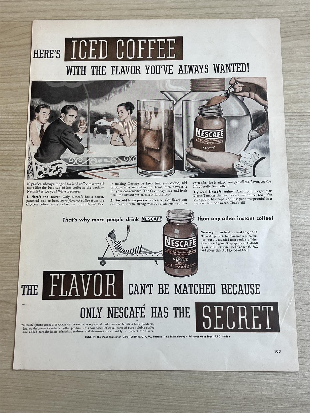 Nescafe Instant Coffee Iced Nestle 1947 Vintage Print Ad Life Magazine