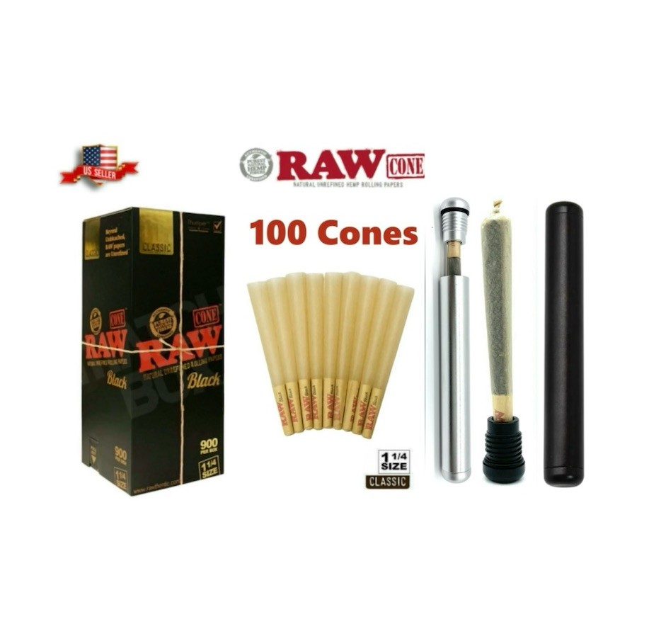 RAW black 1 1/4 SIZE pre rolled cone+aluminum Sealed 120mm Cone Tube