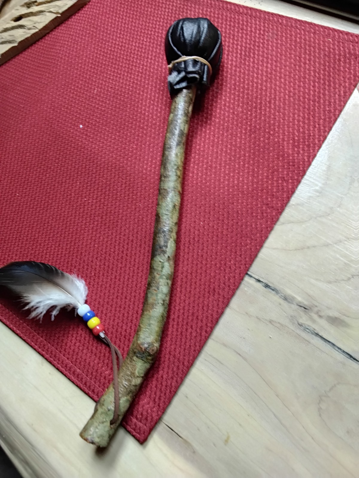 Native American 12.5 in. ceremonial hand drum stick/beater w/beads and feathers