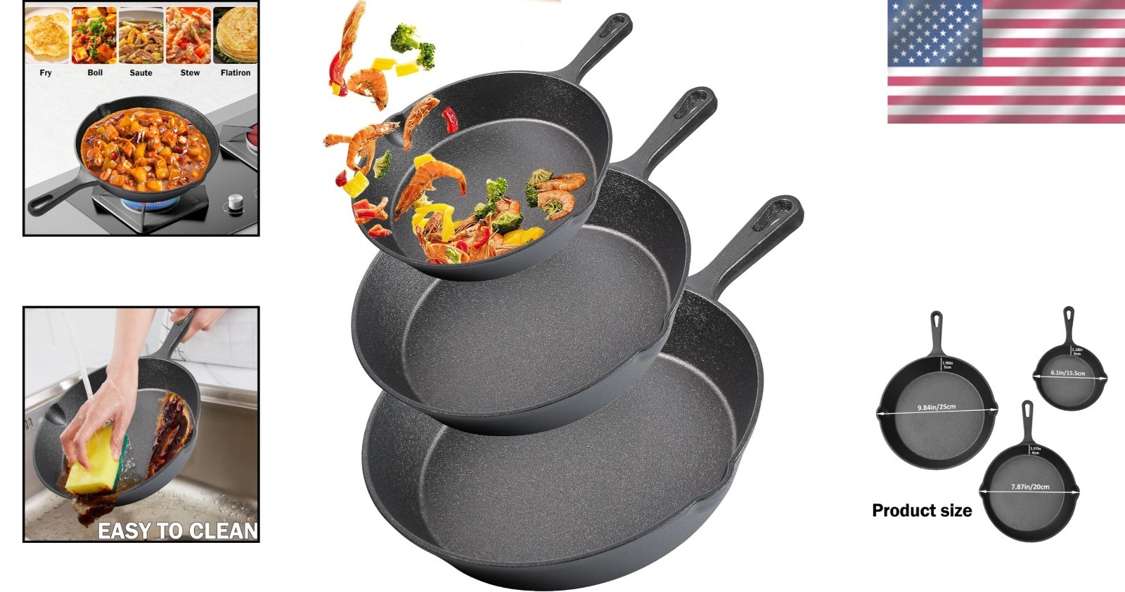 Durable Heavy-Duty Cast Iron Skillet Set – Pre-Seasoned Trio for All Cooking