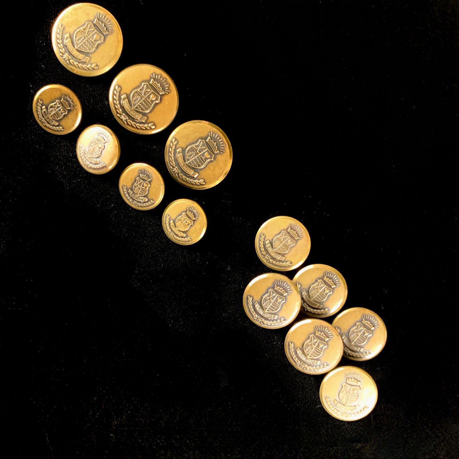 NOS Vintage Brass Shank Blazer Buttons Three 1 in Six 3/4 in Four 5/8 in Shields