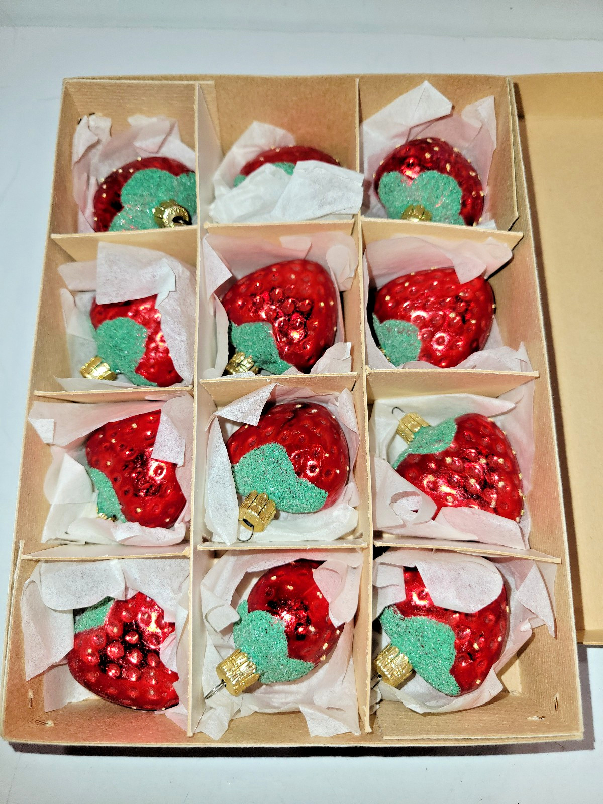 12 CZECH Blown Glass STRAWBERRY Mica Christmas Ornaments # 22053 in Original Box
