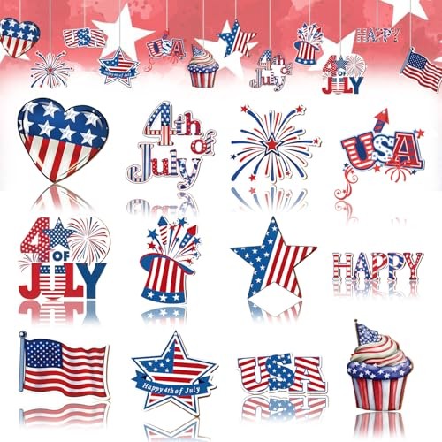 12Pcs 4th of July Ornaments for Tree Red Blue White Star Heart 4th of July-2