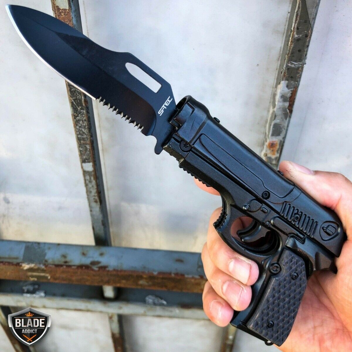 8″ BLACK Tactical Spring Assisted HAND Gun PISTOL Folding Pocket Knife w HOLSTER
