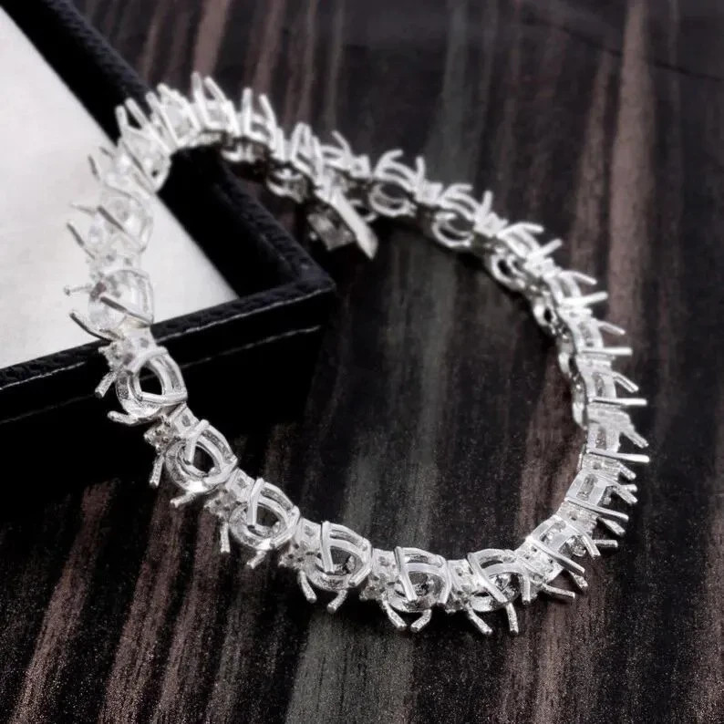 5mm Blank Round Semi Mount Bracelet in 14K White Gold Over All Size Available