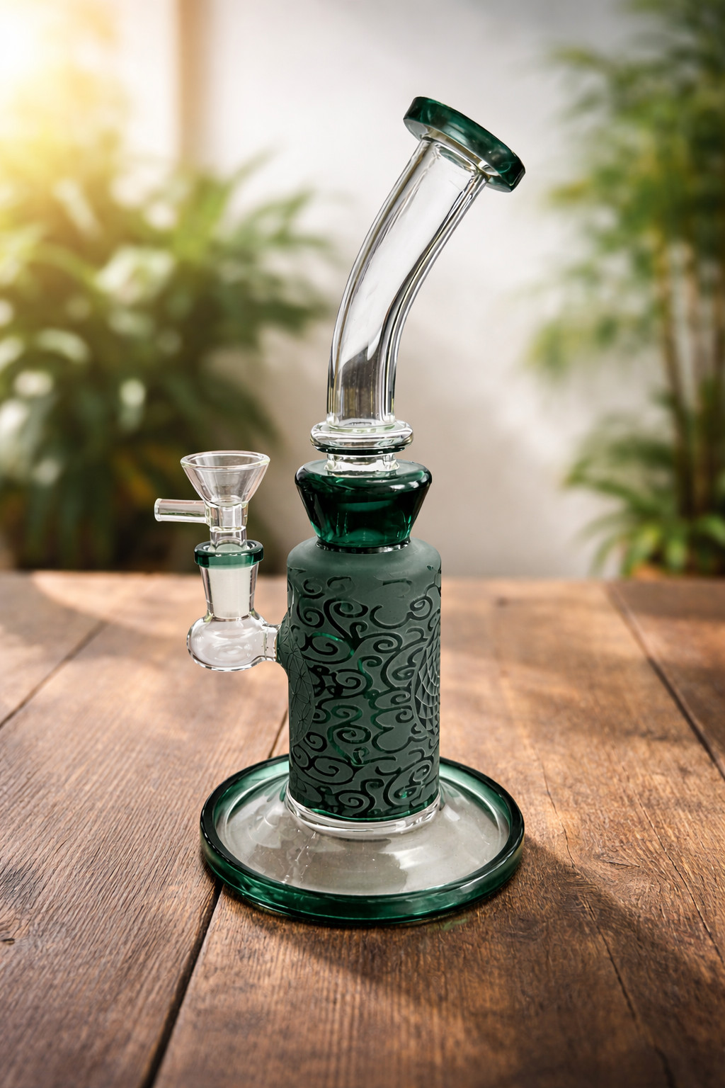 10″ Deep Green Hand-Carved Glass Water Pipe with 14mm Round Handle Bowl