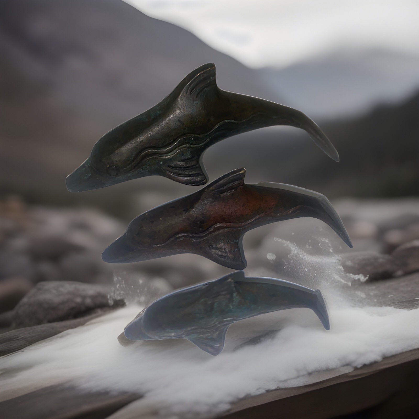 Vintage Bronze 3-Dolphin Sculpture with Gorgeous Natural Verdigris Patina