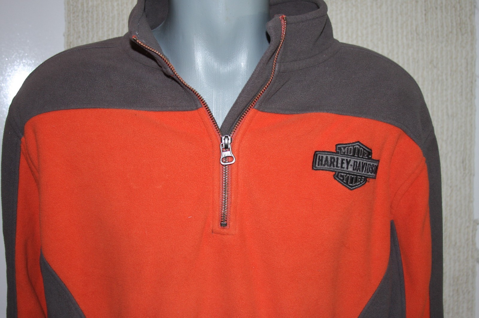 Harley-Davidson Fleece Pullover Mens Large 1/4 Zip Orange Grey MotorClothes L