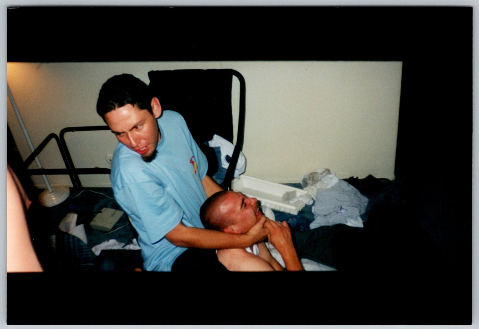 Vtg Color Snapshot Two Young Men Goofing Around Indoors Play Fighting 1990s