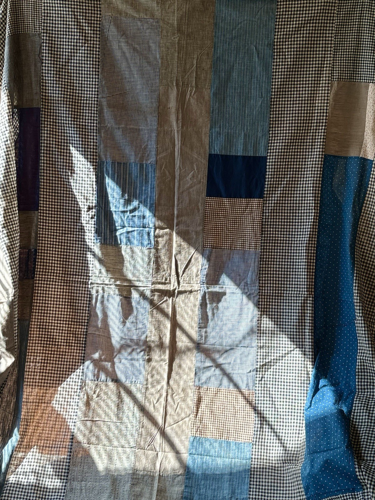 Antique Patchwork Calico Homespun Work Wear Cotton Quilt Top ~ Indigo Blue Brown