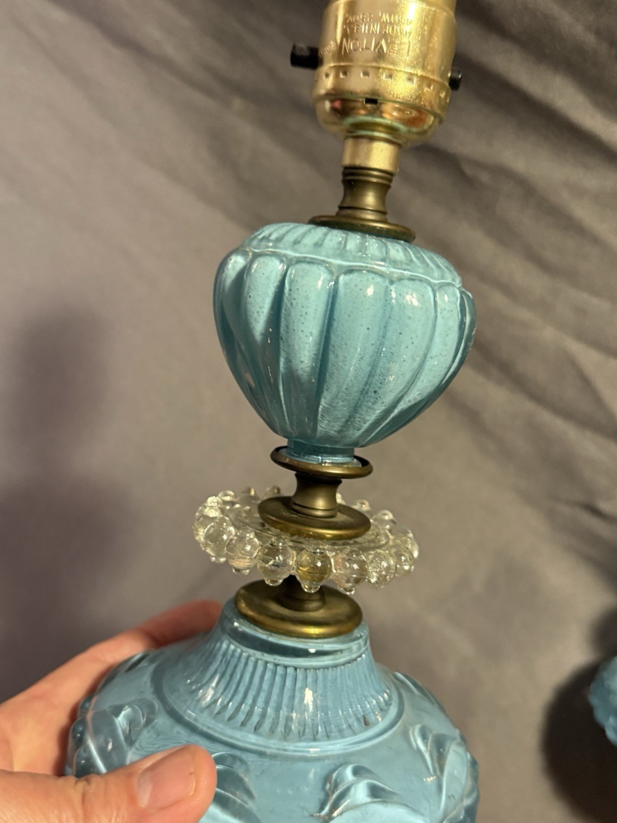 PAIR Vintage Lightning Light Blue & Clear Glass Lamps