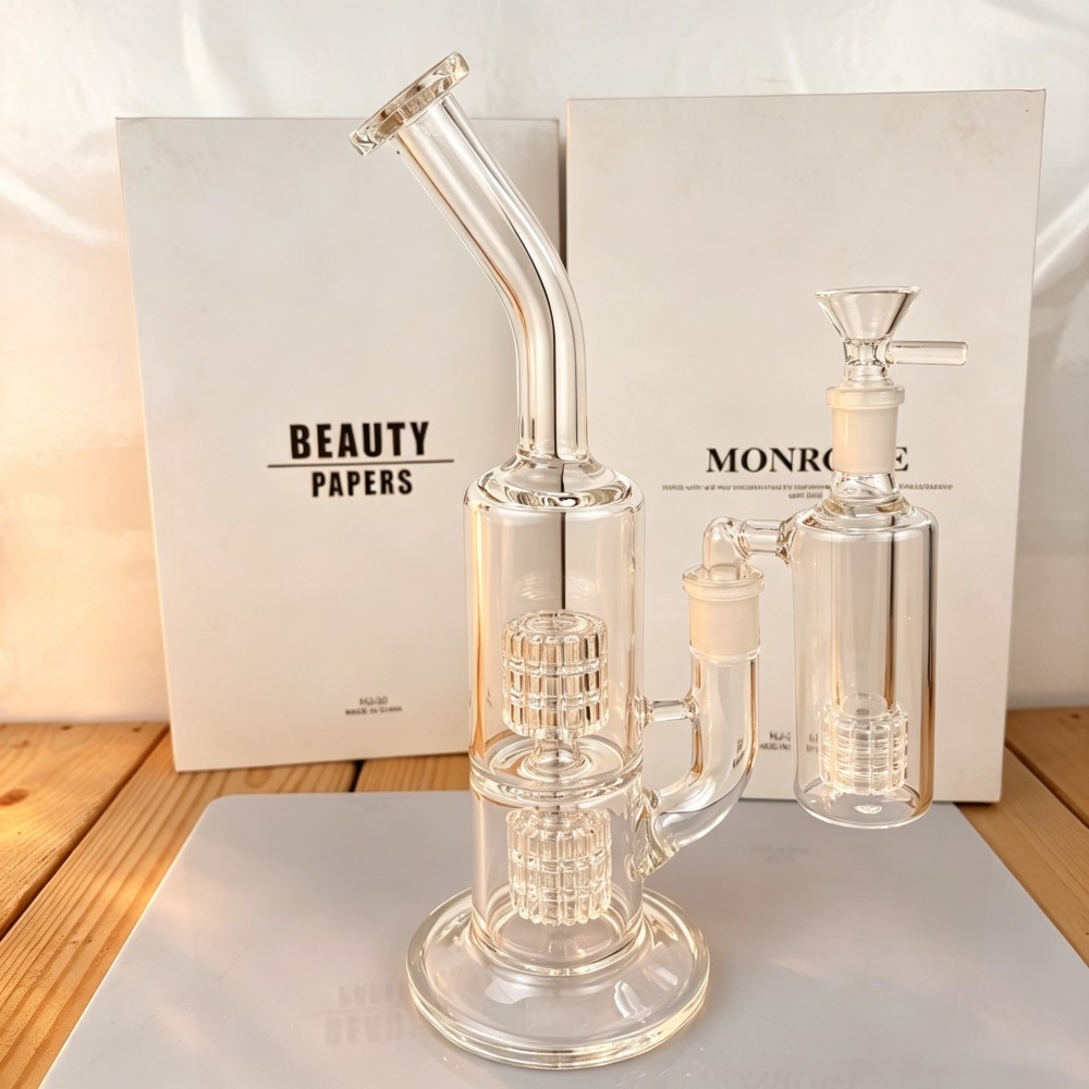 Premium 9″ Double Perc Thick Glass Bong Pipe w/14mm 90° Ash Catcher USA Stock
