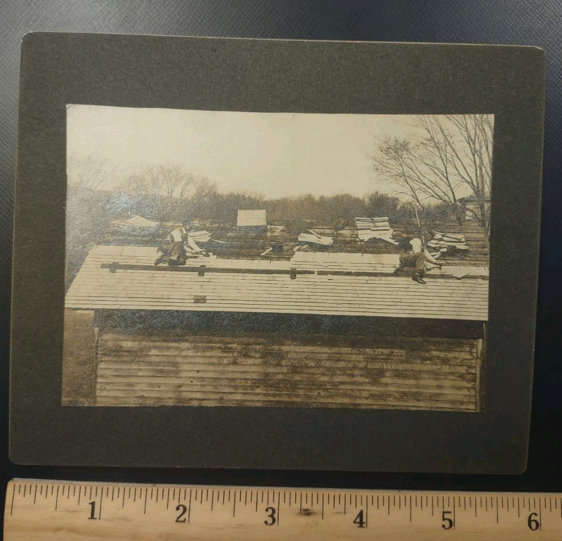 Antique Barn Roof Shingling Mounted Roofing Occupational Construction Photograph