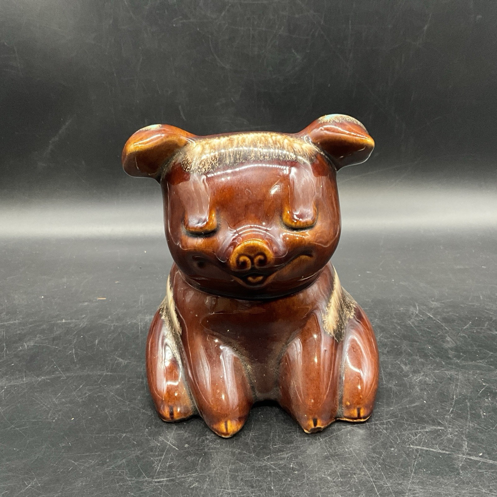 Vtg Hull Pottery Drip Glaze #196 Pig Coin Bank Brown W/ Turquoise 6 1/4” T