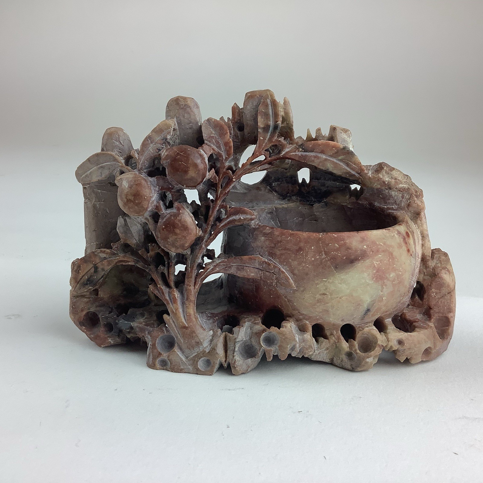 Vintage 1950s-1980s Chinese Carved Soapstone Brush Pot Peach Tree Sculpture