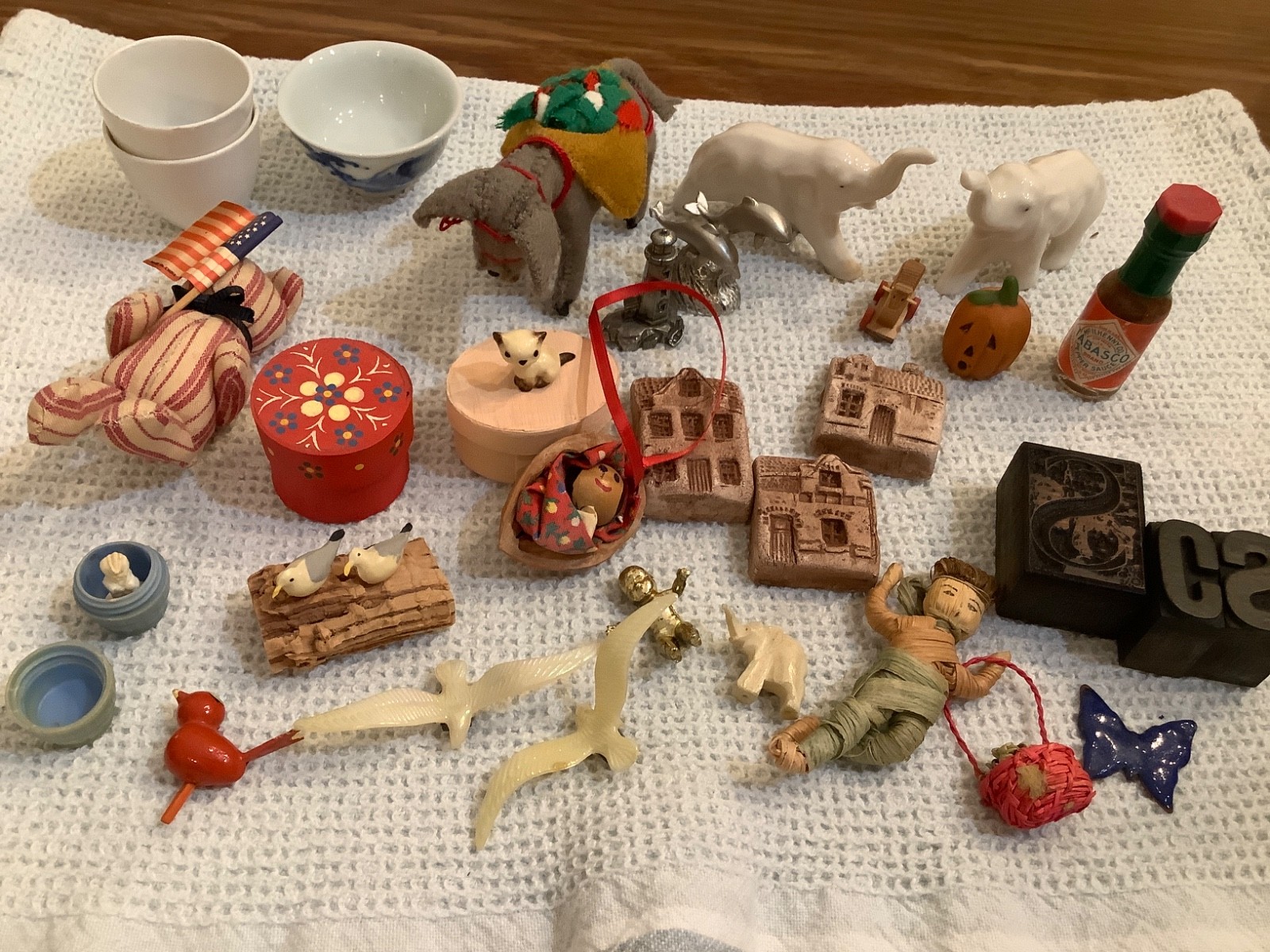 Mixed Lot Vintage Miniatures Ivory Elephant, Barrel Monkey, Pewter, Asian, Stamp