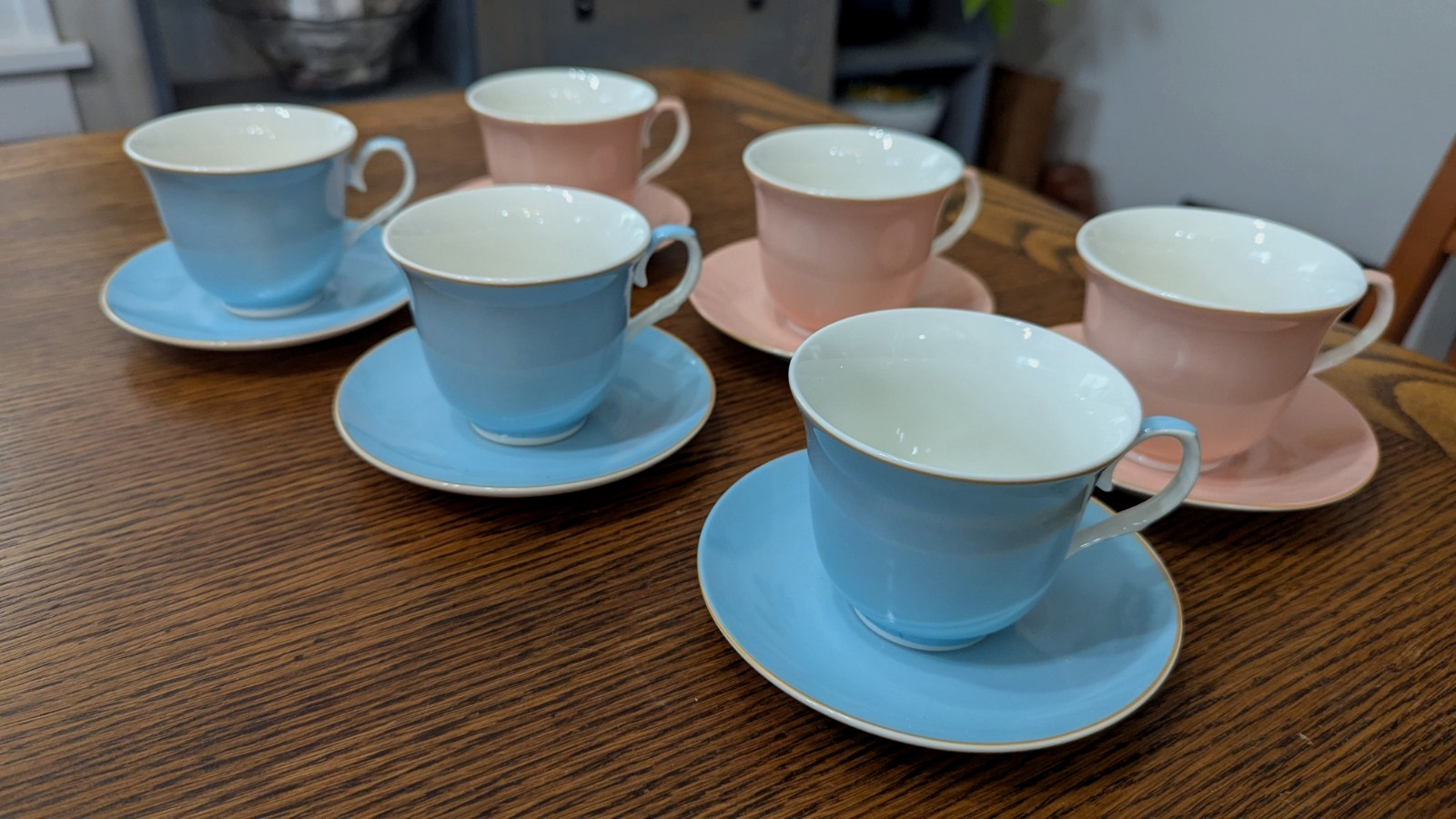 New TEA CUPS/SAUCERS – Pink & Blue – Premium Selection Lot of 6 BEAUTIFULL!!