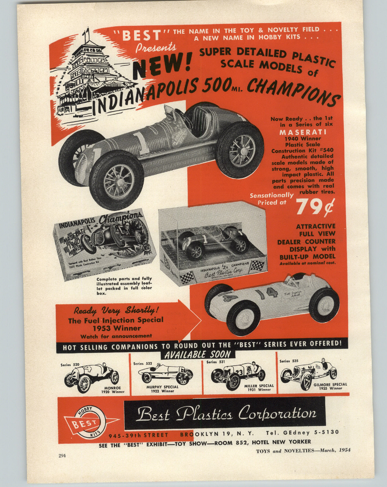 1954 PAPER AD Best Plastic Toy Race Car 1940 Indianapolis 500 Winner Masserati