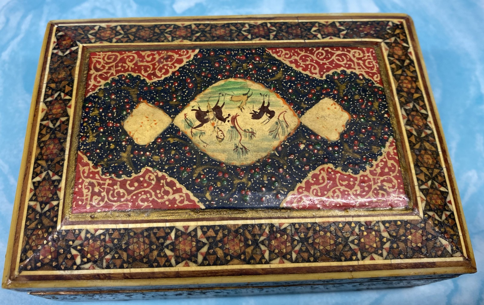 Vintage Hand Painted Marquetry Inlaid Persian & Khatam Box 5″ L x 3.5″ W x 2″ T