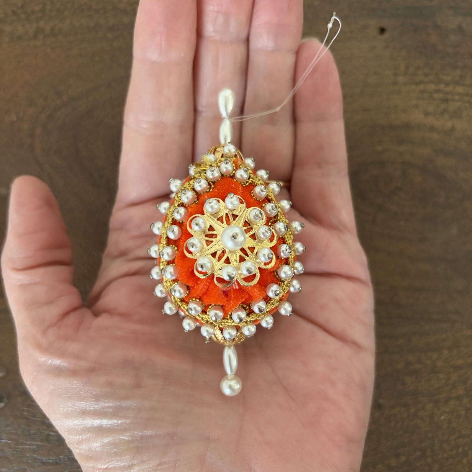 Vtg Handmade Push Pin Pearl Beaded Christmas Ornament Orange Velvet Gold Trim
