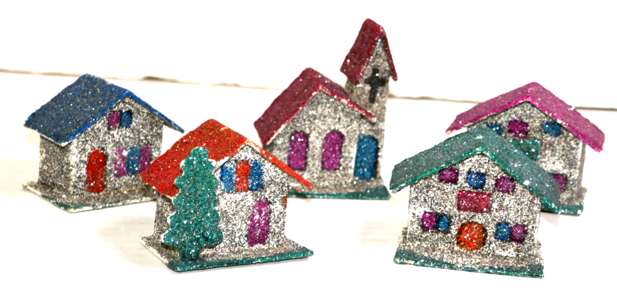 Set Of 5 Vintage Mini Putz Village Glitter Houses & Church-Japan Sticker