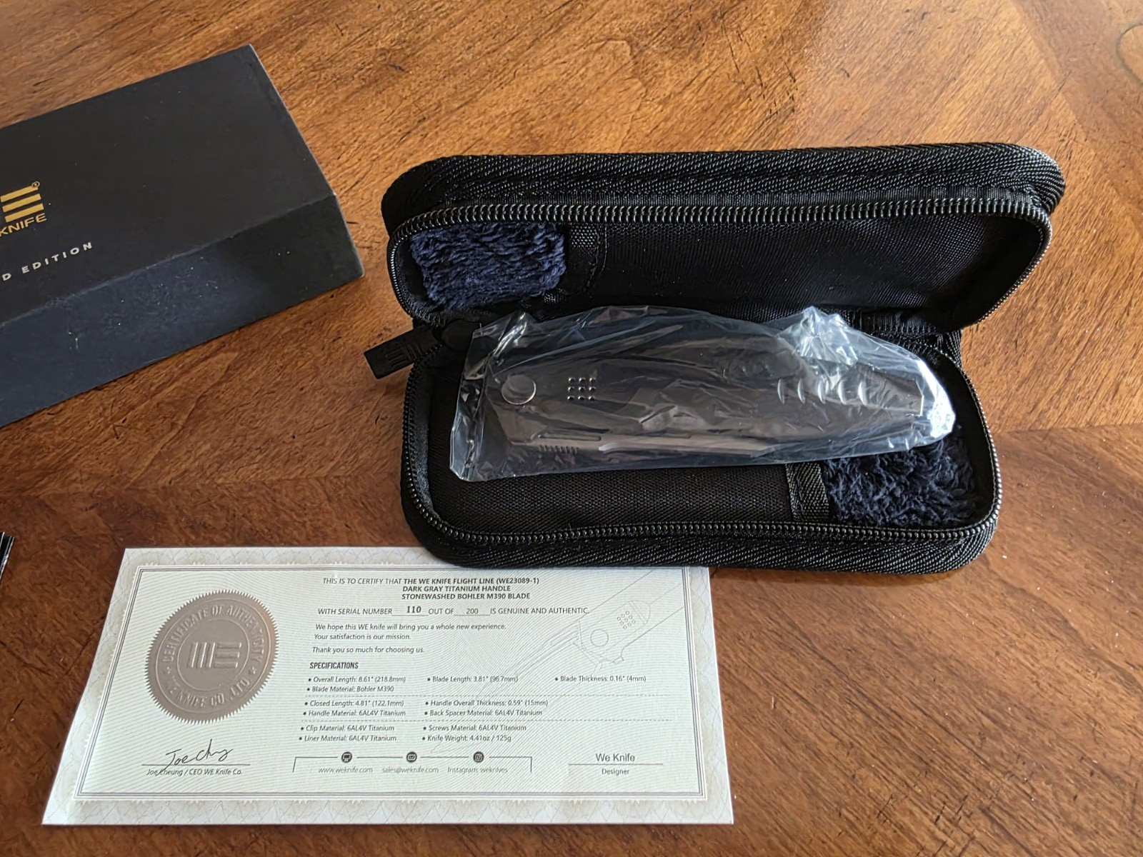 WE Knife Flight Line Flipper Dark Gray Titanium Handle Bohler M390 Blade