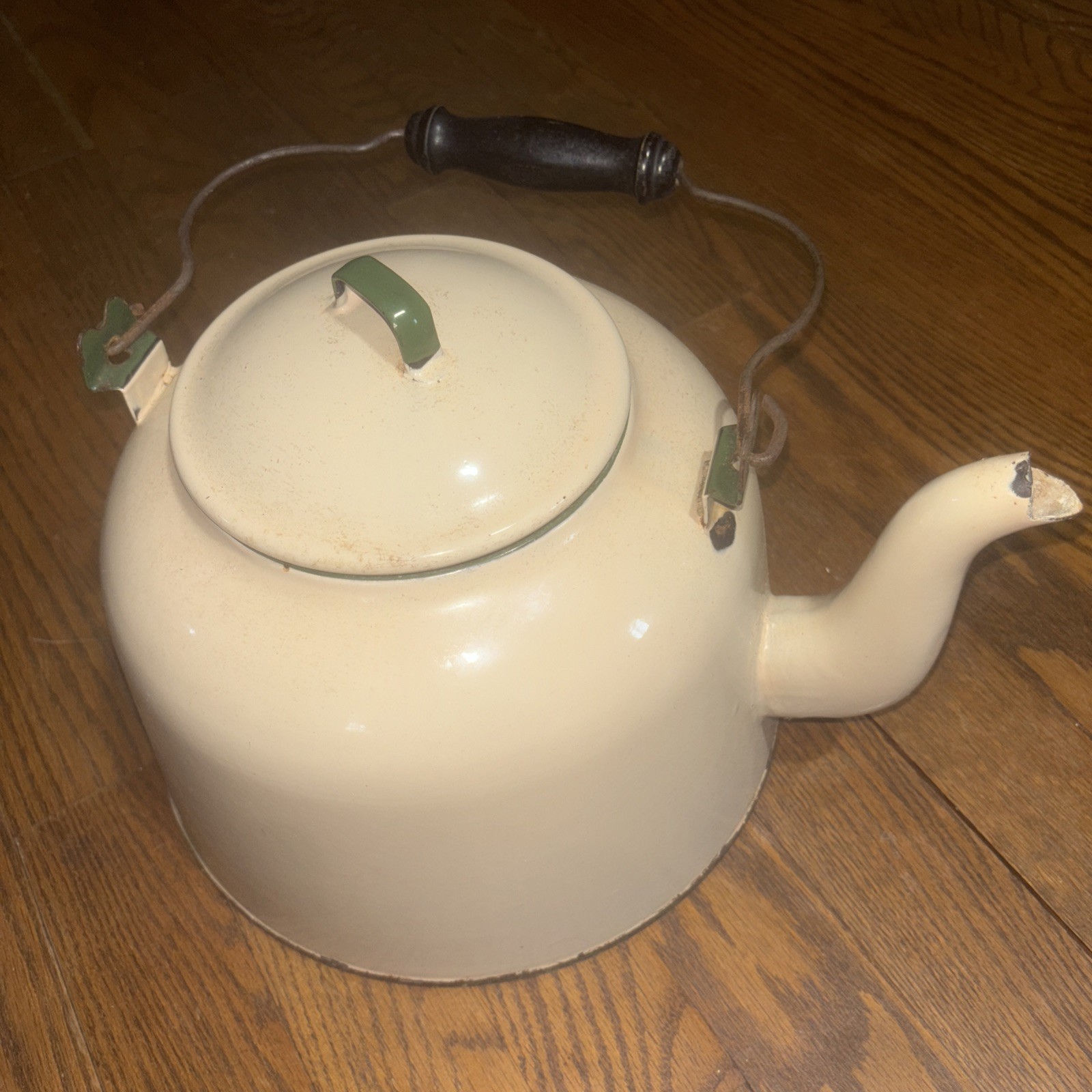 Vintage Enamel Large Decor Tea Kettle, Beige With Green Trim And Black Handle