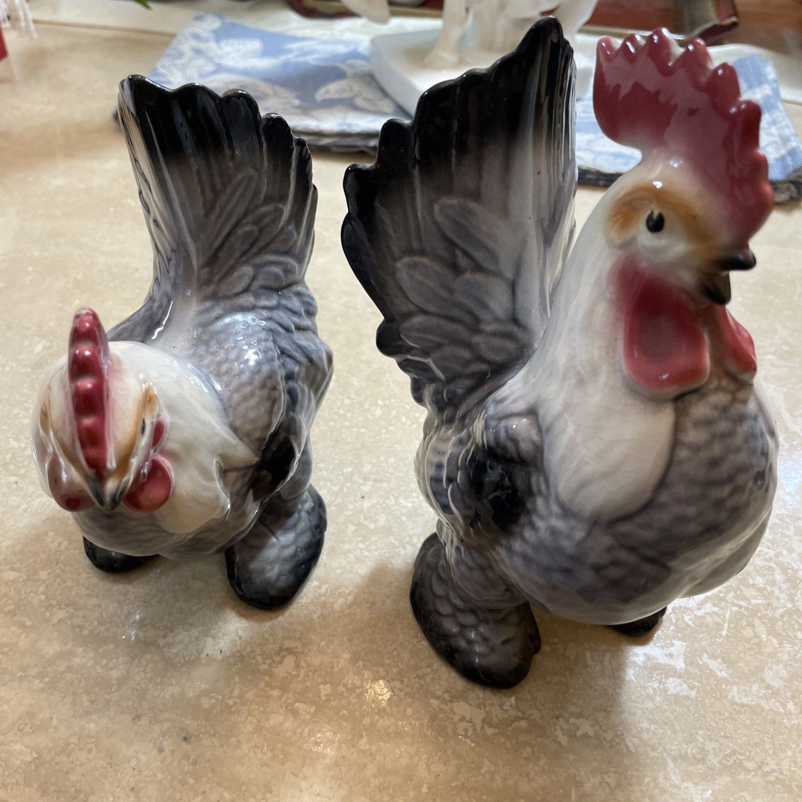 Vintage Royal Copley Rooster And Hen Figurine’s. Porcelain. Bell Bottoms. Nice.