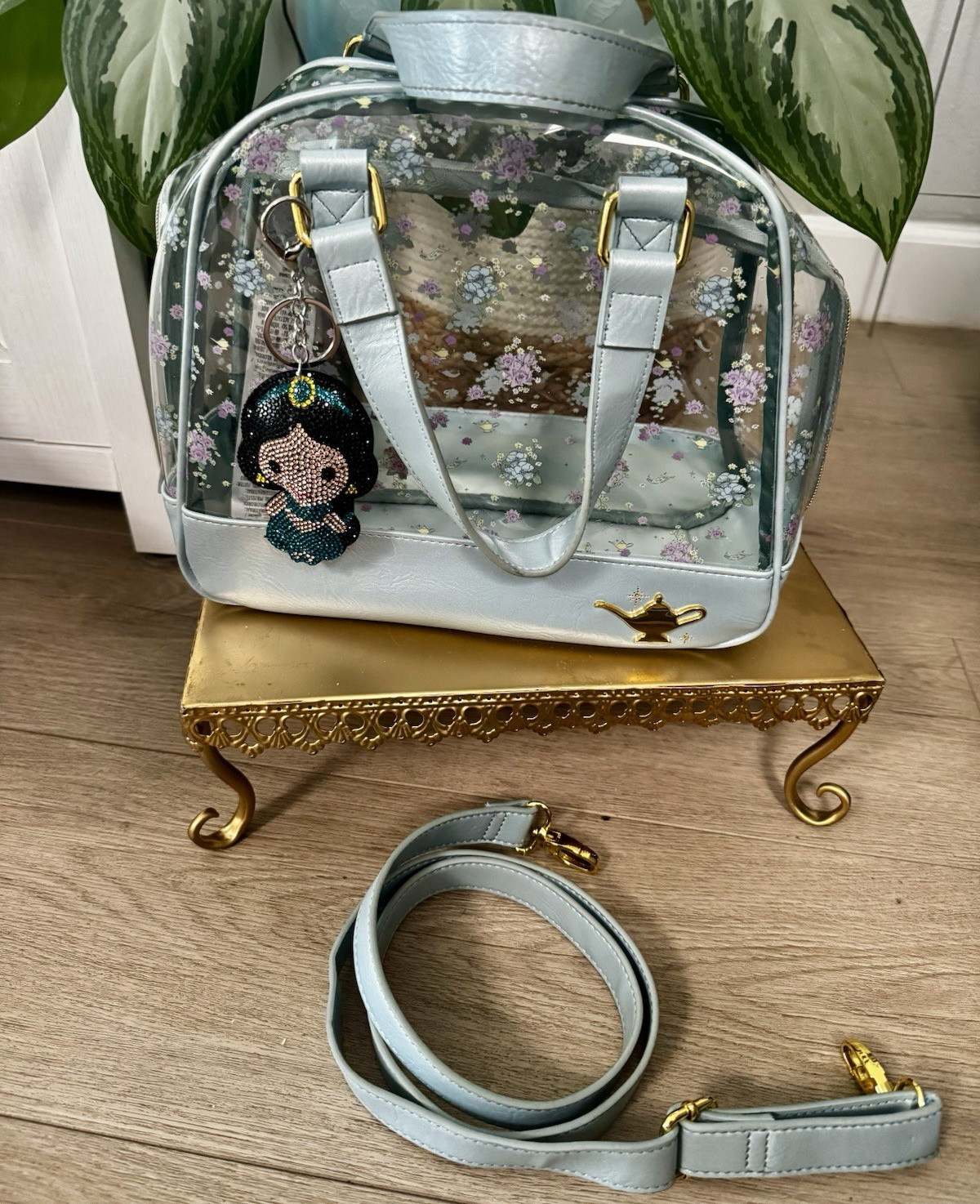 Disney Jasmine Light Blue Clear Floral Handbag Purse w/ Shoulder Strap.