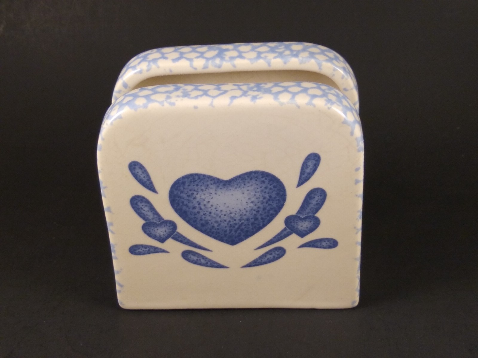 Vintage Blue White Sponge Heart Napkin / Letter Holder Stoneware