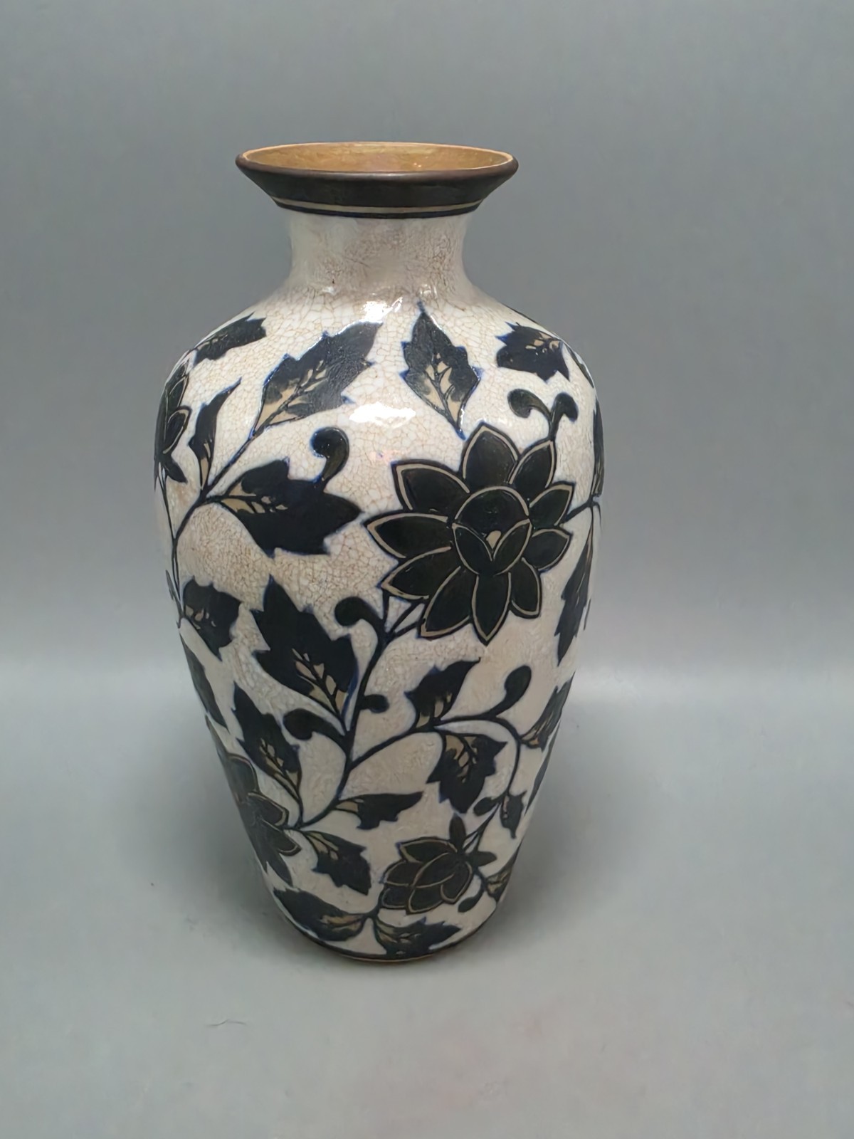 Vintage Chinese Sgraffito Stoneware Vase Black White WIth Hints of Blue