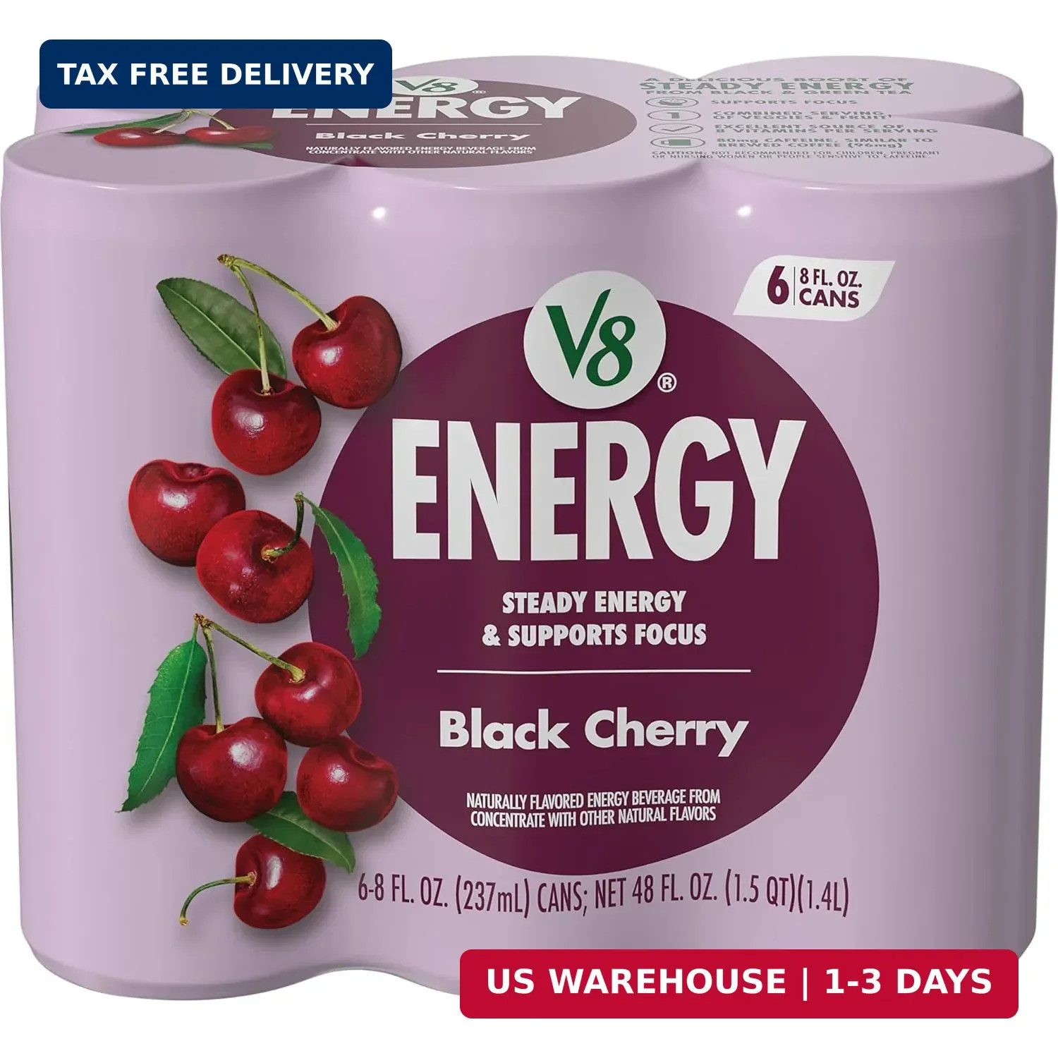 V8 Energy Black Cherry Energy Drink, 8 fl oz Can (6 Pack)