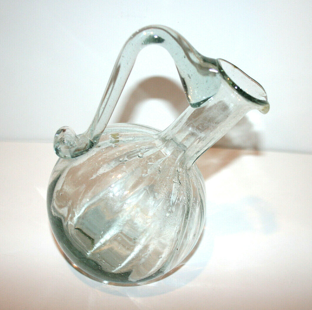 Clear Glass Blown Art Pitcher Jug 8 1/2″ Tall Round Slanted