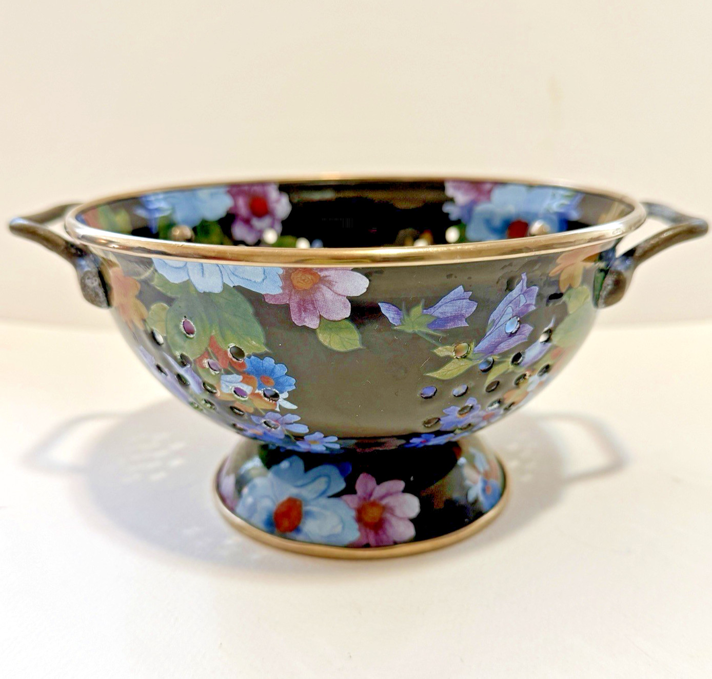MacKenzie-Childs Flower Market Steel Colander -Black Enamel Small Strainer 6.25″
