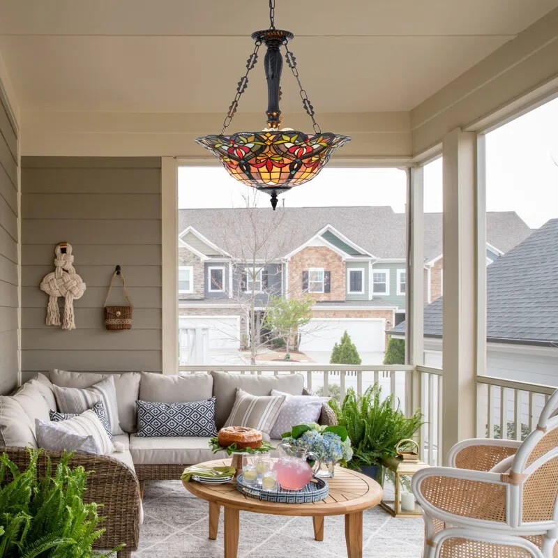 3-Light Tiffany Geometric Chandelier Semi Flush Mount Stained Glass Pendant Lamp
